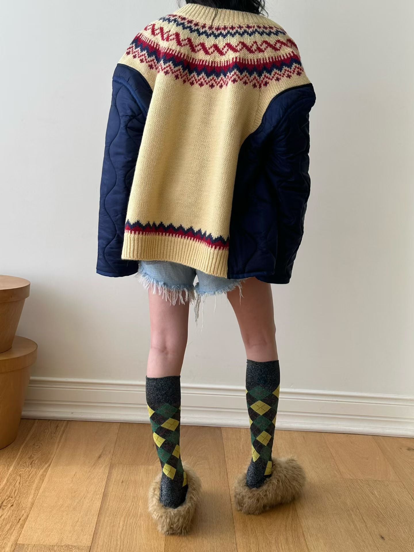 Ladies Fair Isle Knit & Quilted Fabric Toggle Cardigan