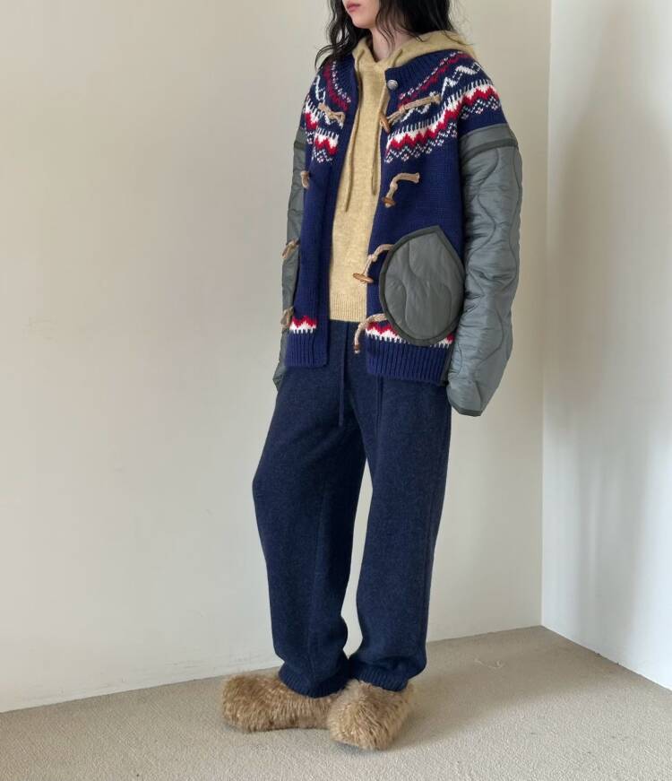 Ladies Fair Isle Knit & Quilted Fabric Toggle Cardigan