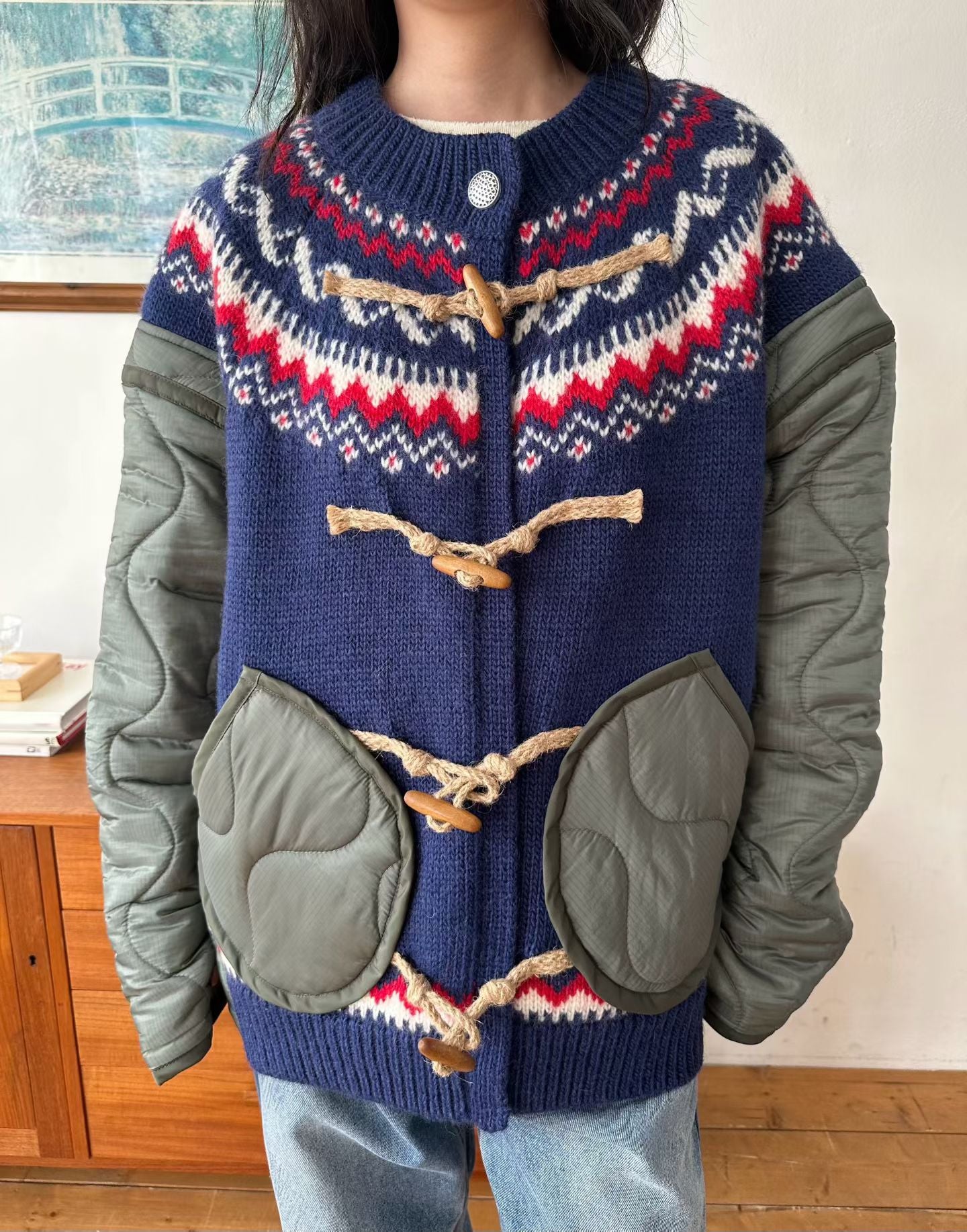 Ladies Fair Isle Knit & Quilted Fabric Toggle Cardigan