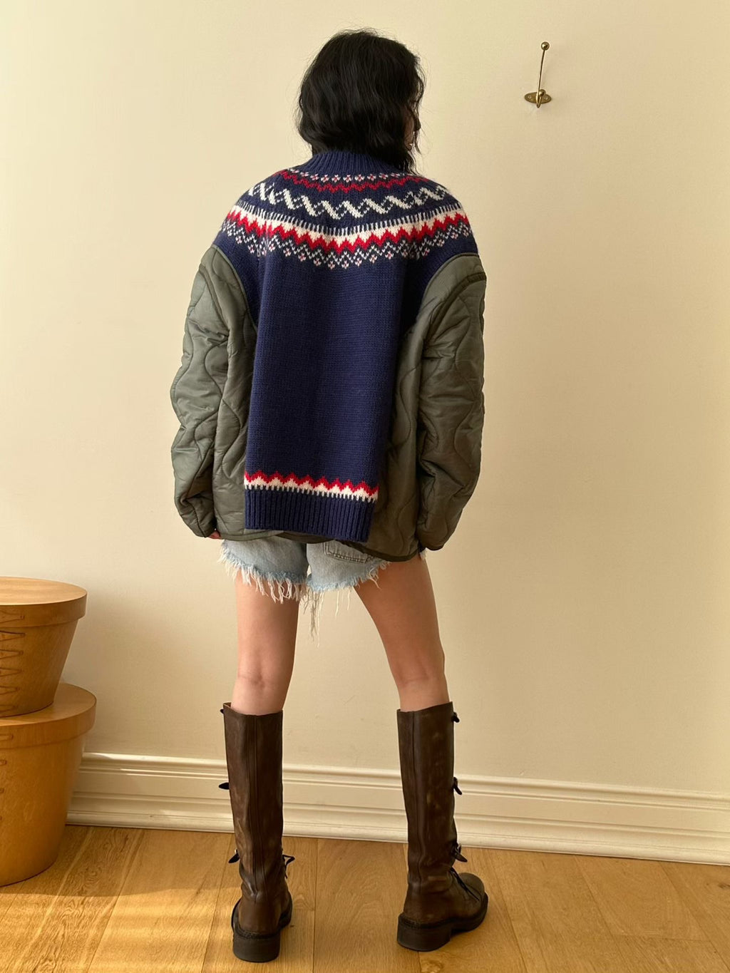 Ladies Fair Isle Knit & Quilted Fabric Toggle Cardigan