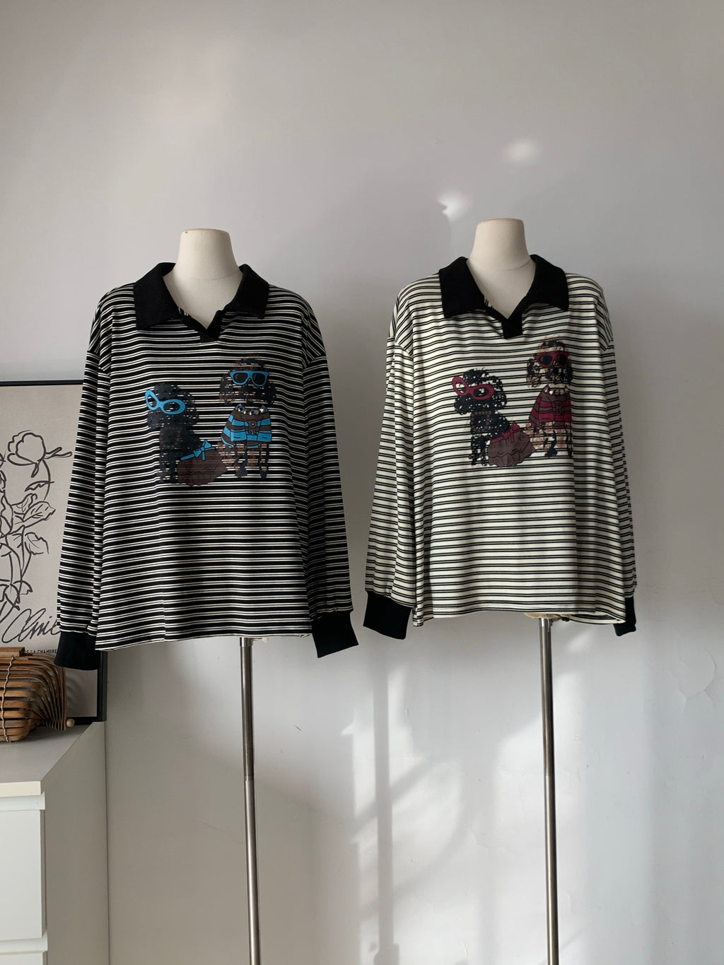 Ladies Striped Polo Collar Cartoon Print Oversized Sweatshirt