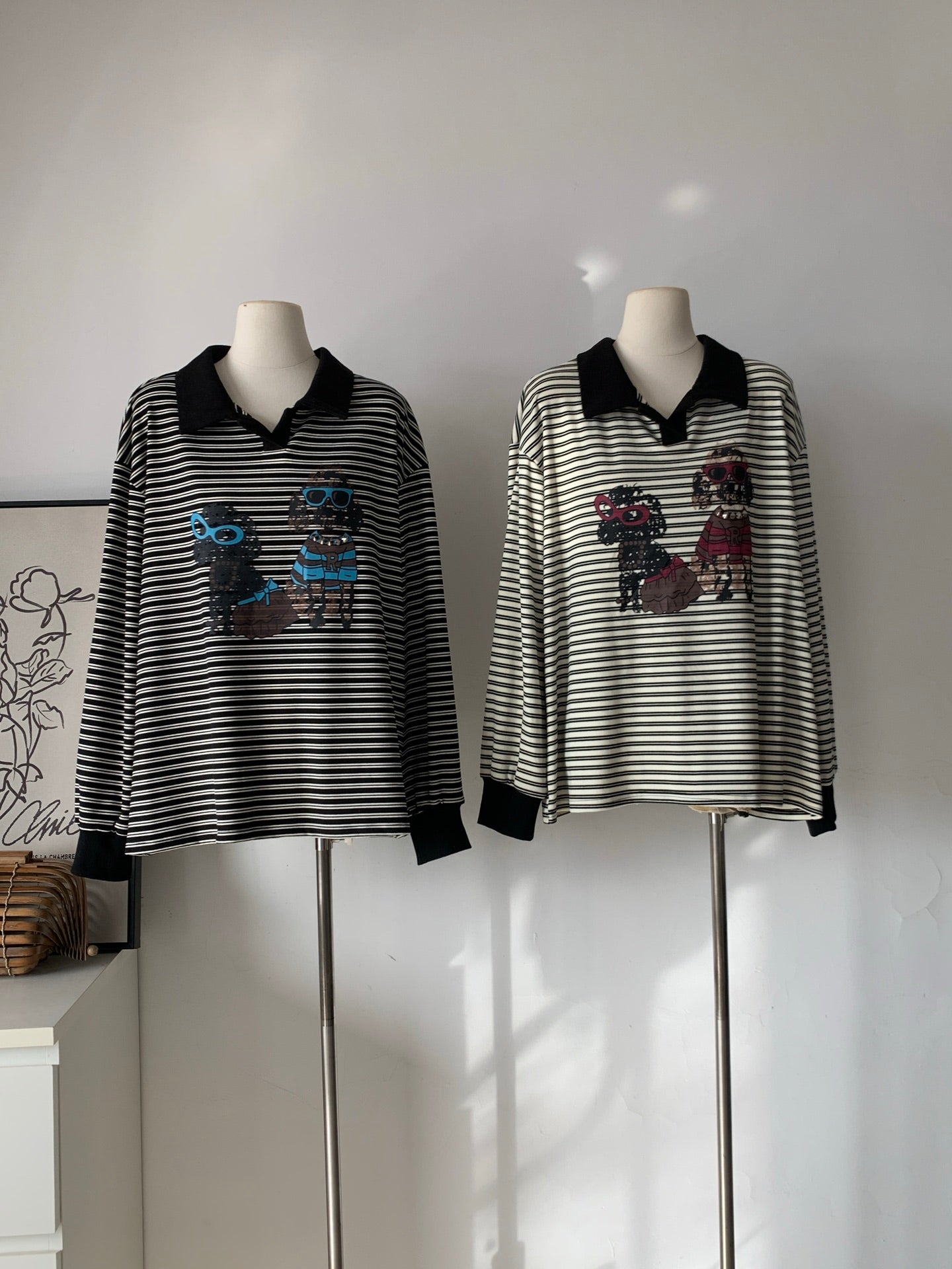 Ladies Striped Polo Collar Cartoon Print Oversized Sweatshirt