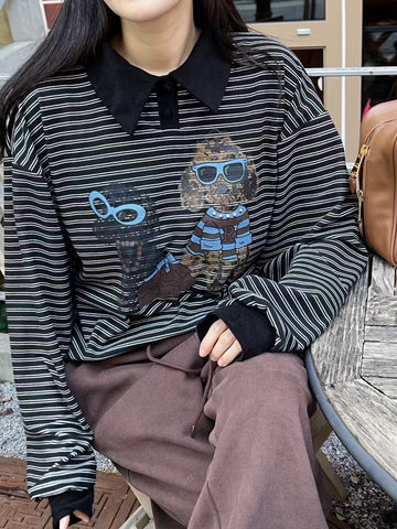 Ladies Striped Polo Collar Cartoon Print Oversized Sweatshirt