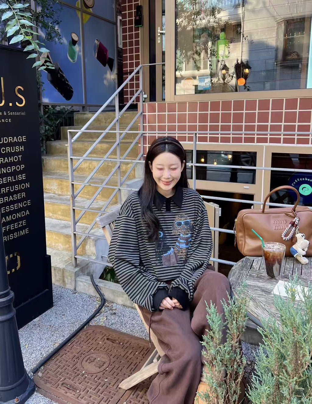 Ladies Striped Polo Collar Cartoon Print Oversized Sweatshirt