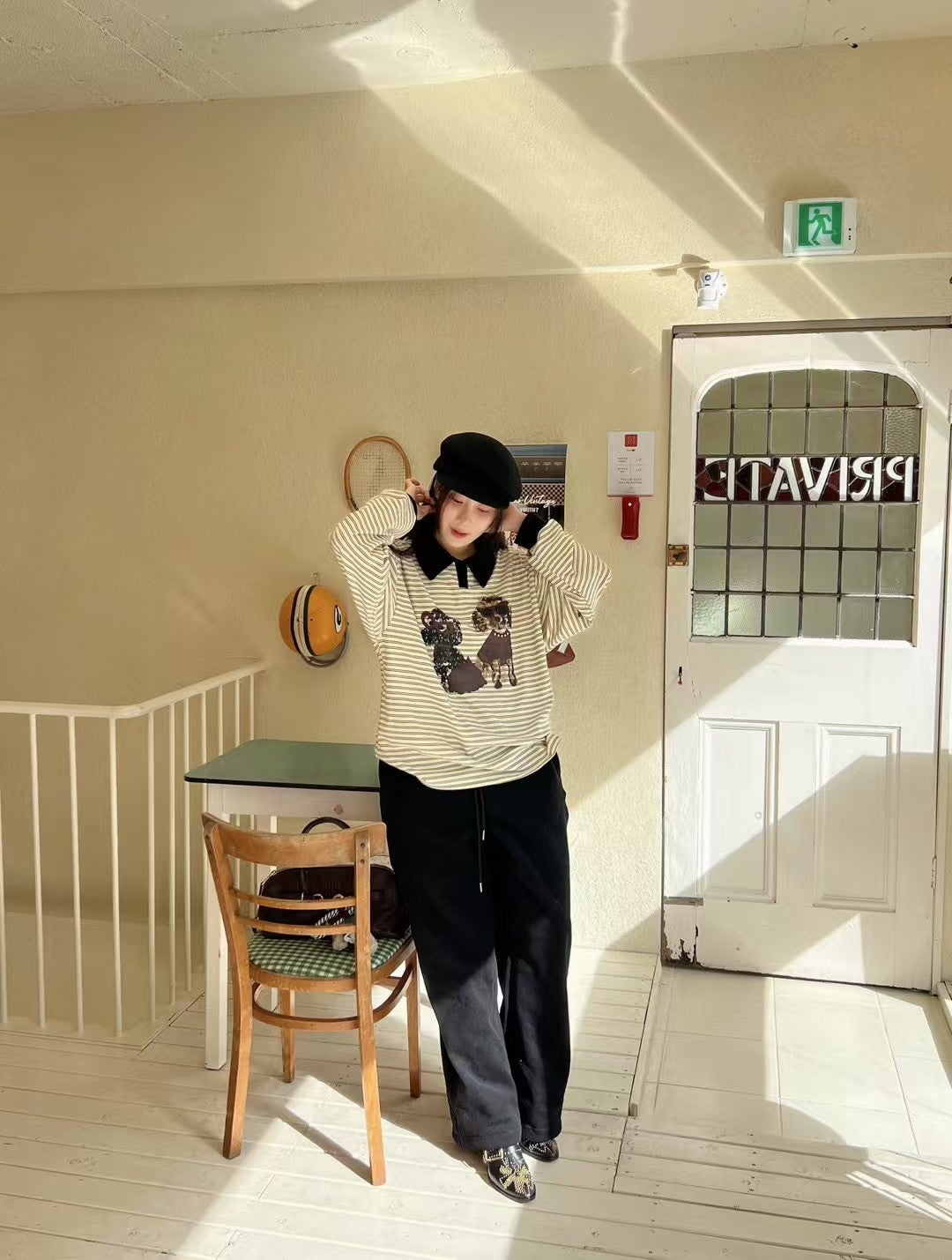 Ladies Striped Polo Collar Cartoon Print Oversized Sweatshirt