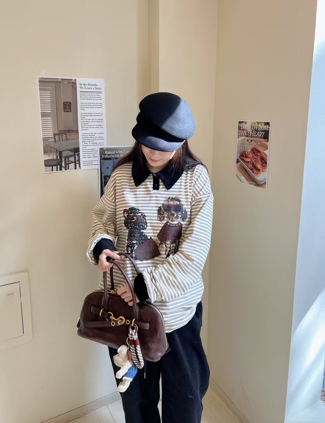 Ladies Striped Polo Collar Cartoon Print Oversized Sweatshirt