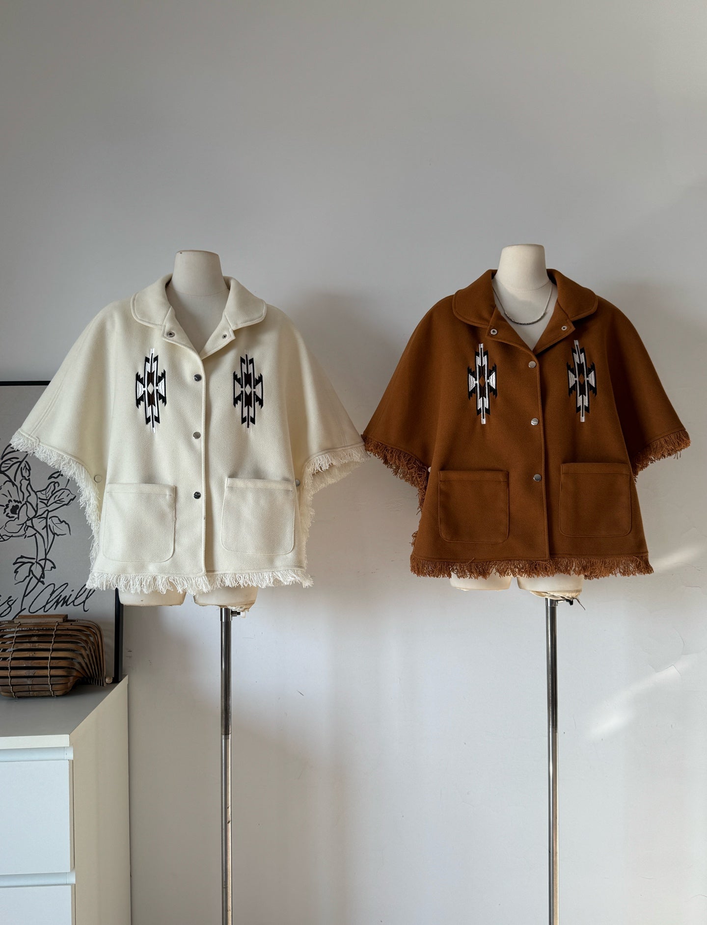 Ladies Fringe Trim Polo Collar Poncho Coat