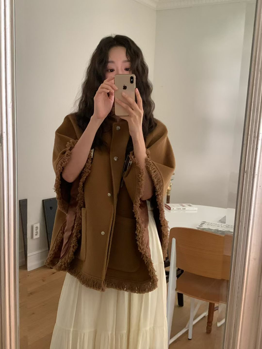 Ladies Fringe Trim Polo Collar Poncho Coat