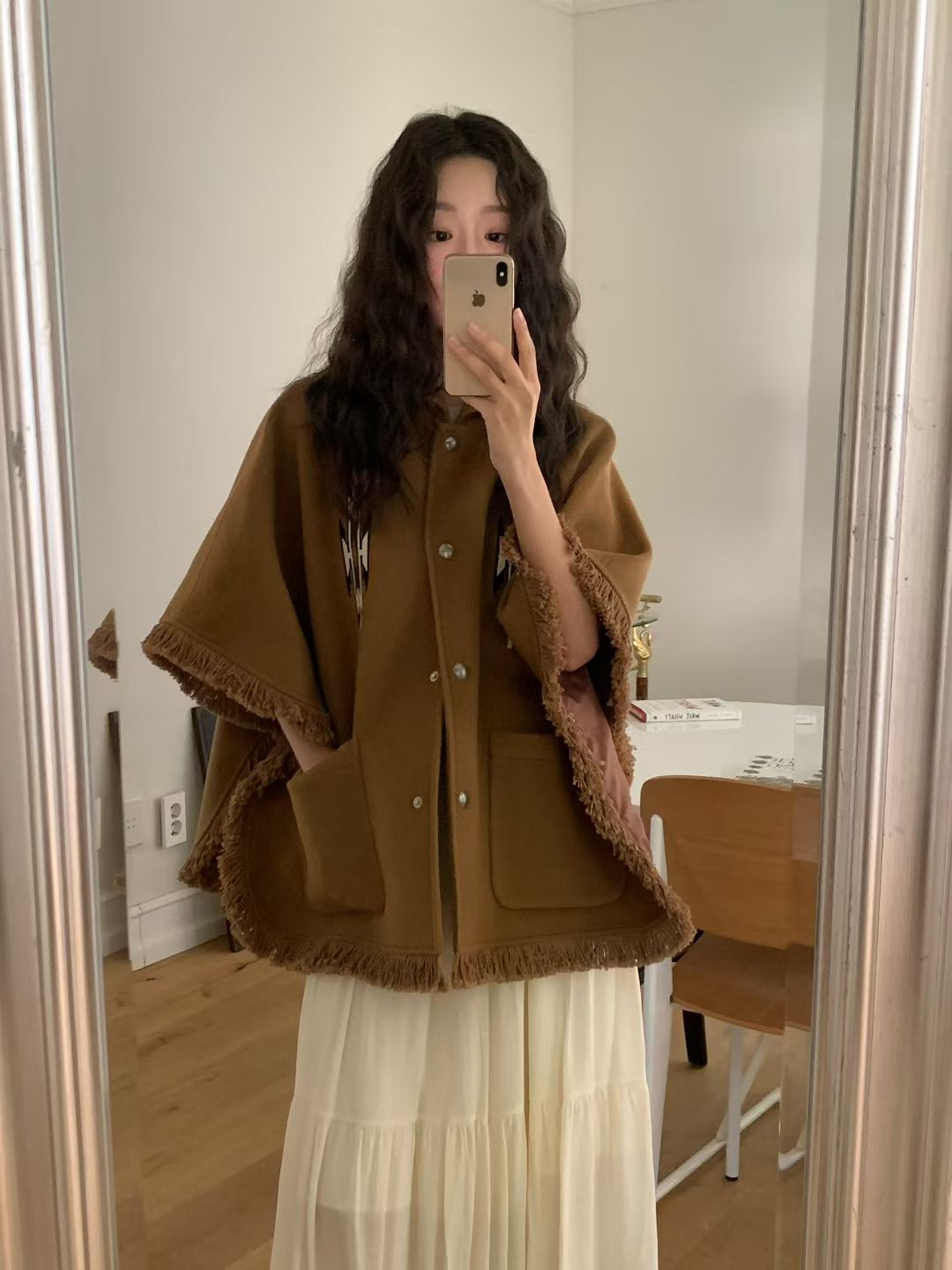 Ladies Fringe Trim Polo Collar Poncho Coat