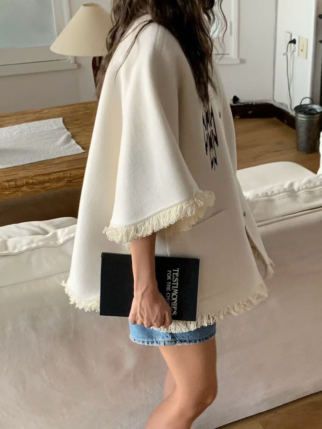 Ladies Fringe Trim Polo Collar Poncho Coat