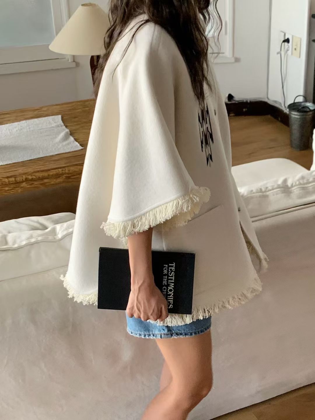 Ladies Fringe Trim Polo Collar Poncho Coat