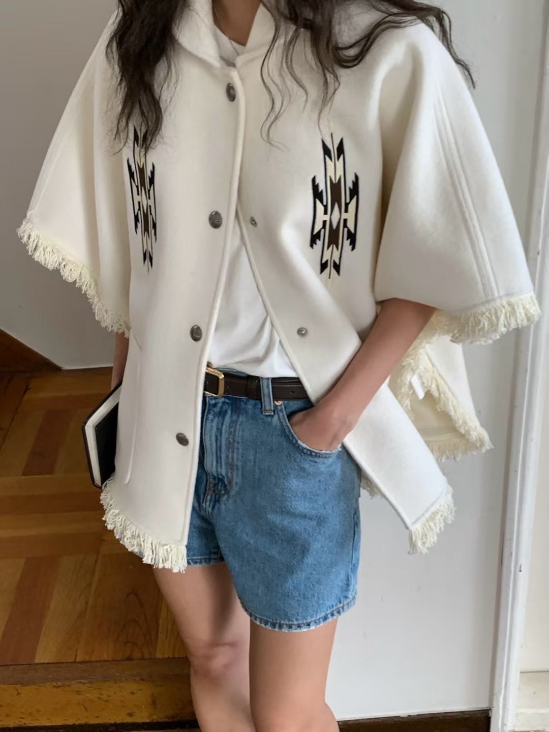 Ladies Fringe Trim Polo Collar Poncho Coat