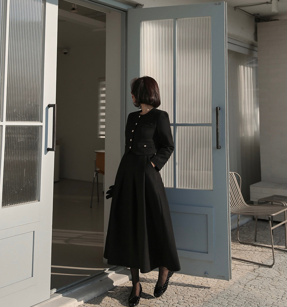 Ladies Wool Blend Cropped Jacket & Maxi Skirt Set