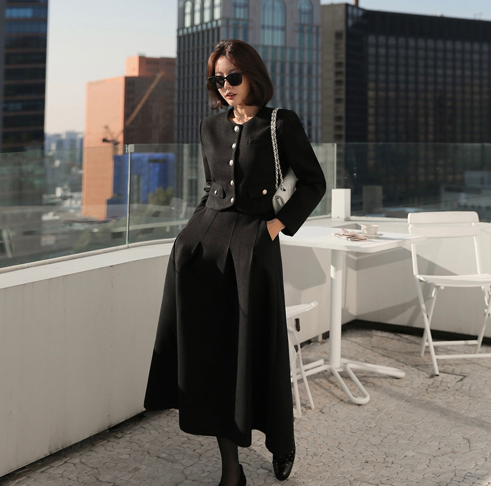 Ladies Wool Blend Cropped Jacket & Maxi Skirt Set