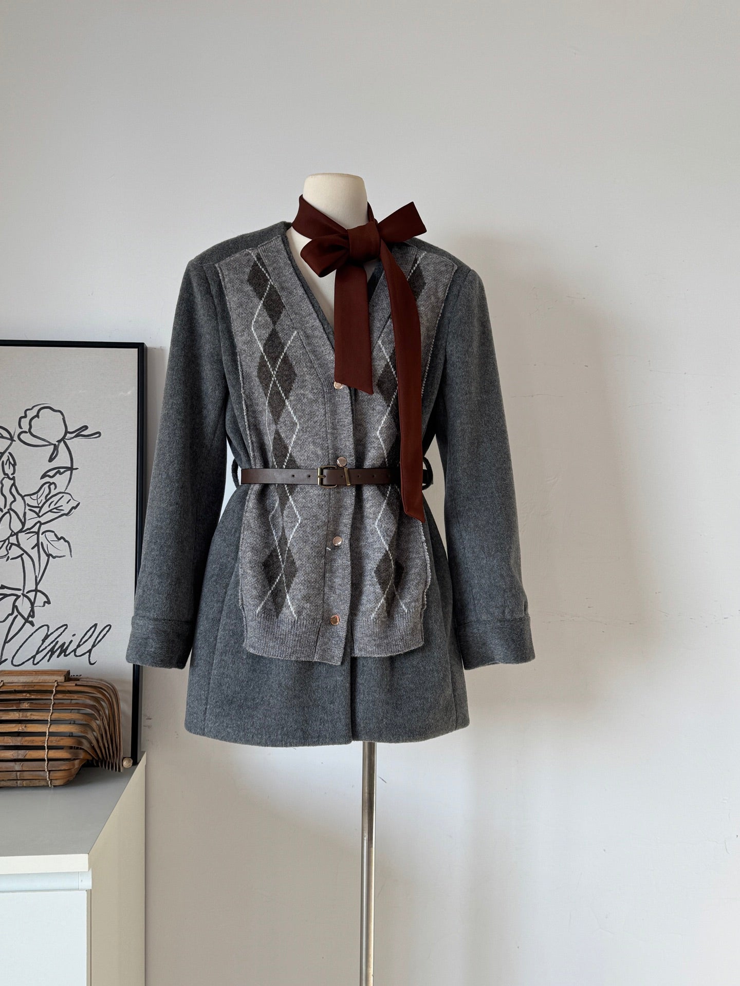 Ladies Argyle Knit Contrast Wool Blend Mini Dress