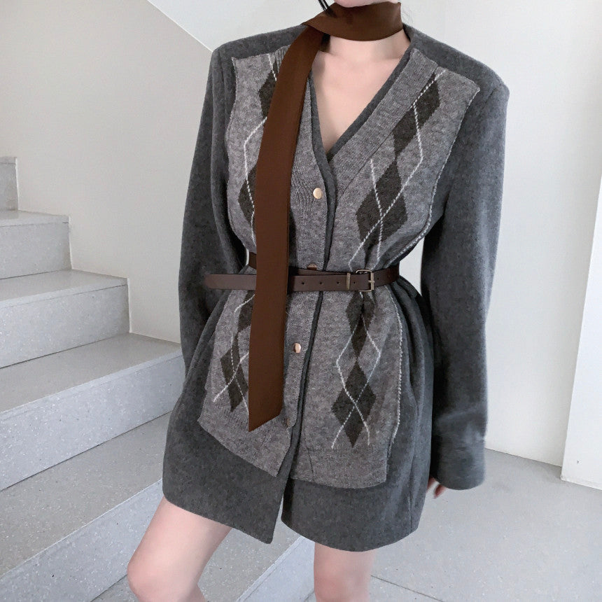 Ladies Argyle Knit Contrast Wool Blend Mini Dress