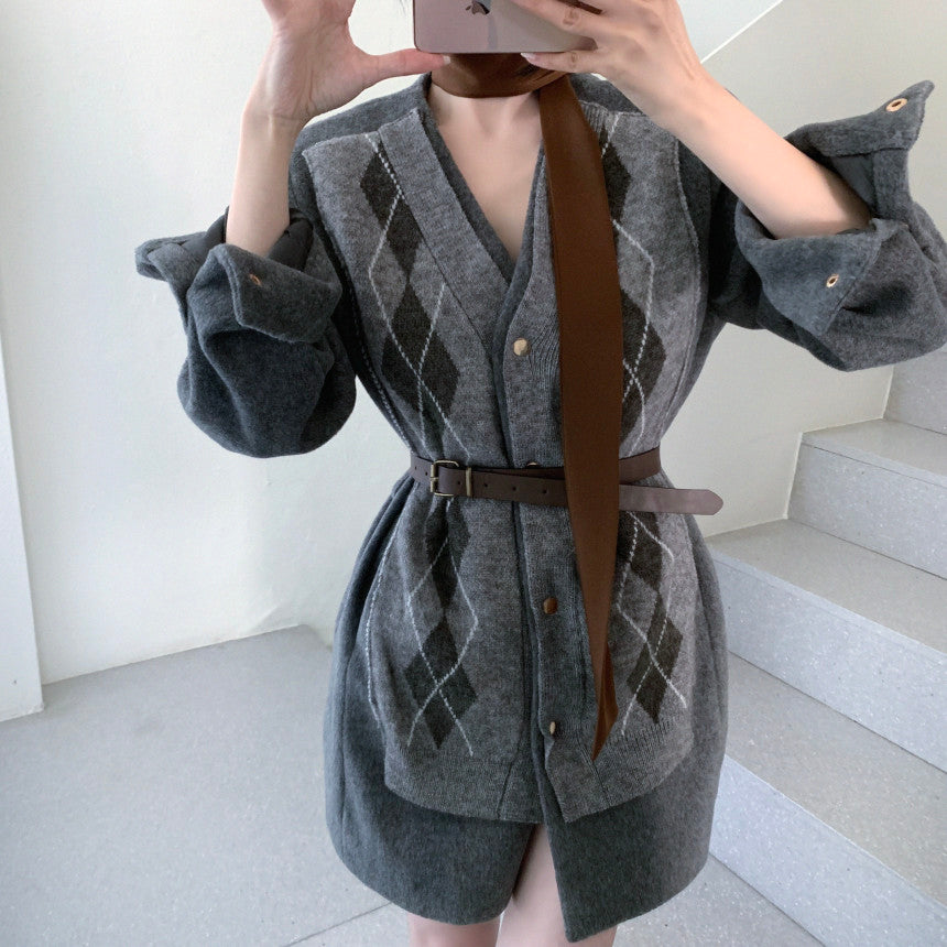 Ladies Argyle Knit Contrast Wool Blend Mini Dress