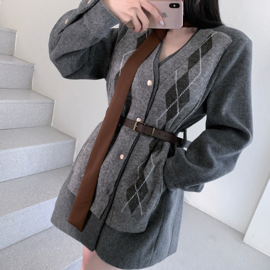 Ladies Argyle Knit Contrast Wool Blend Mini Dress