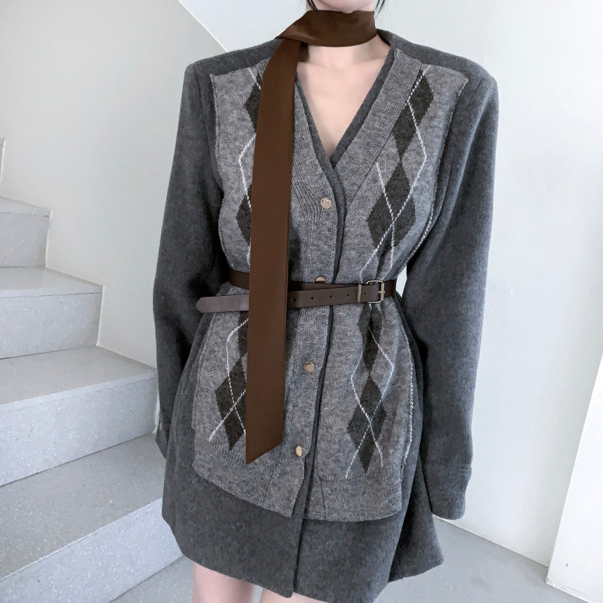 Ladies Argyle Knit Contrast Wool Blend Mini Dress