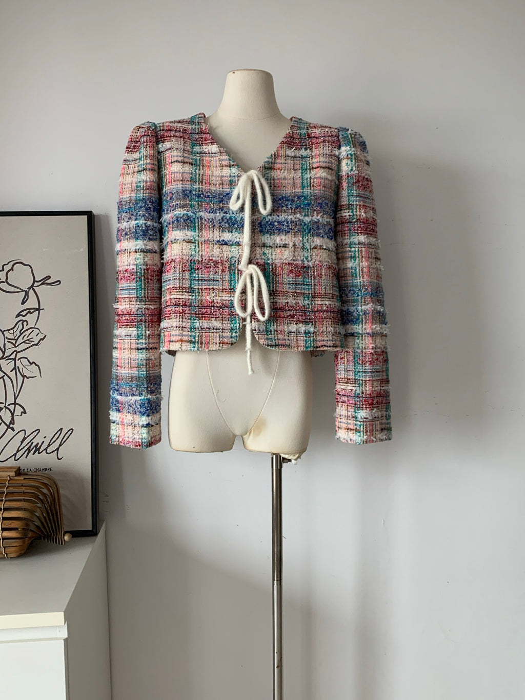 Ladies Colorful Tweed Puff Sleeve Lace-Up Cropped Jacket