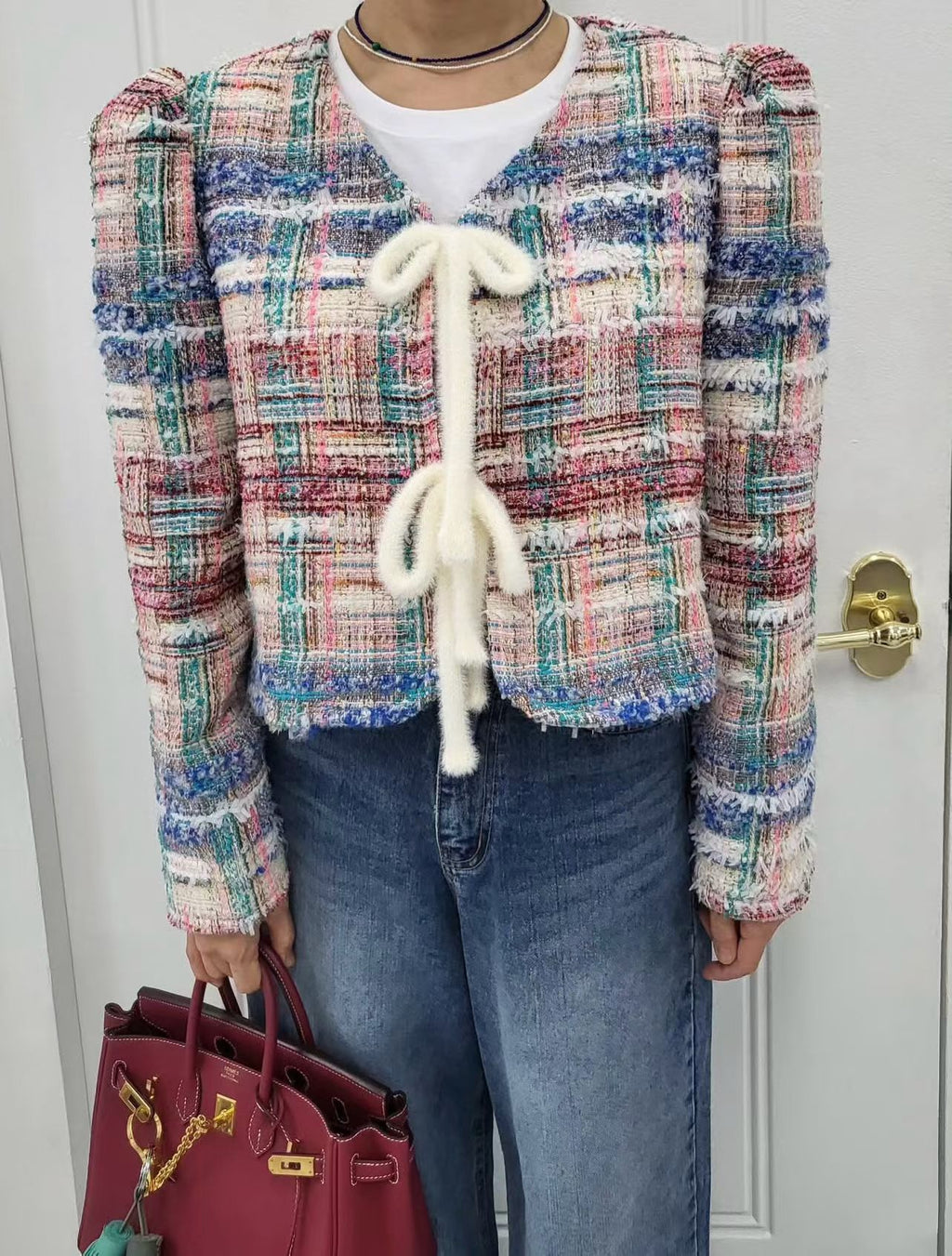 Ladies Colorful Tweed Puff Sleeve Lace-Up Cropped Jacket