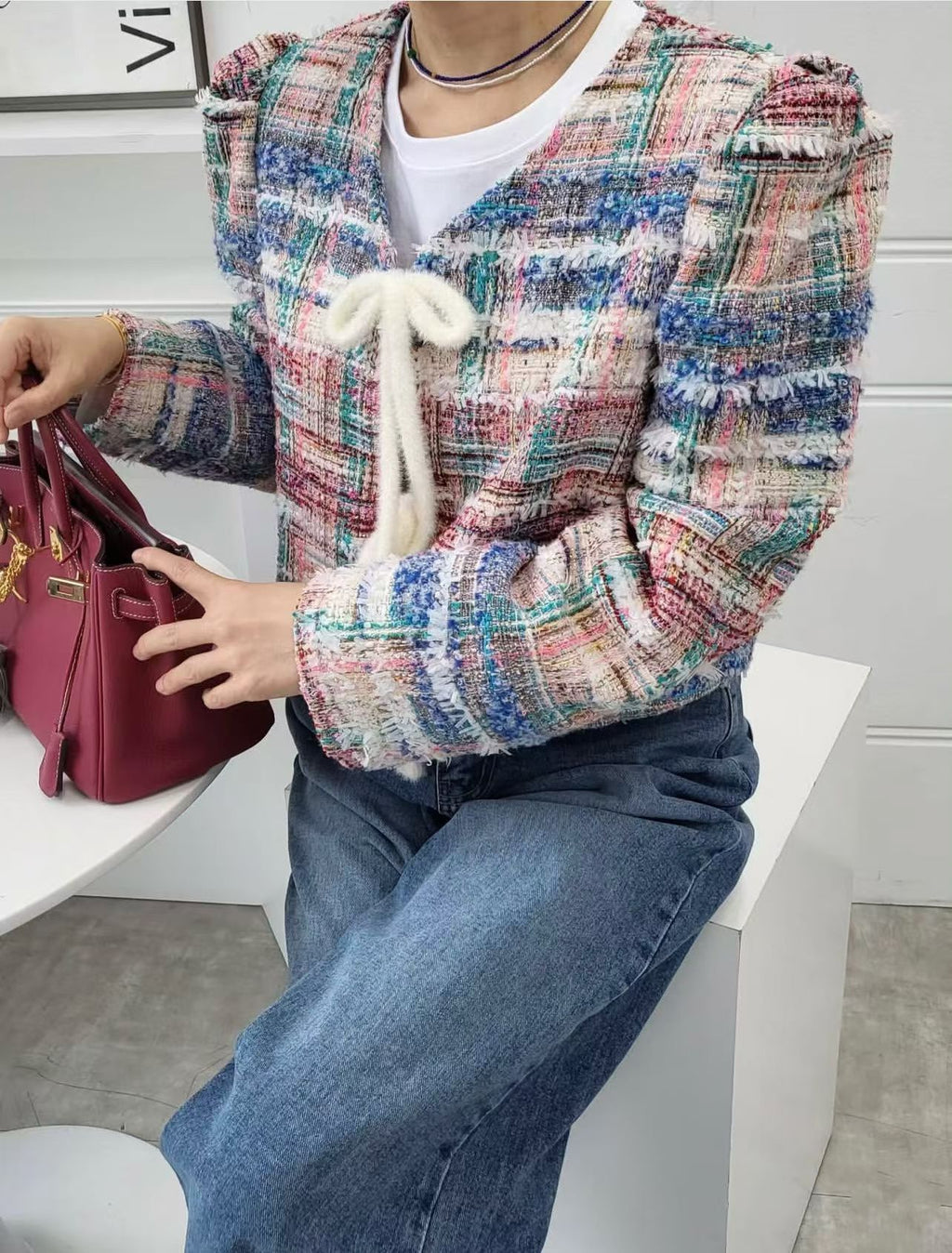 Ladies Colorful Tweed Puff Sleeve Lace-Up Cropped Jacket