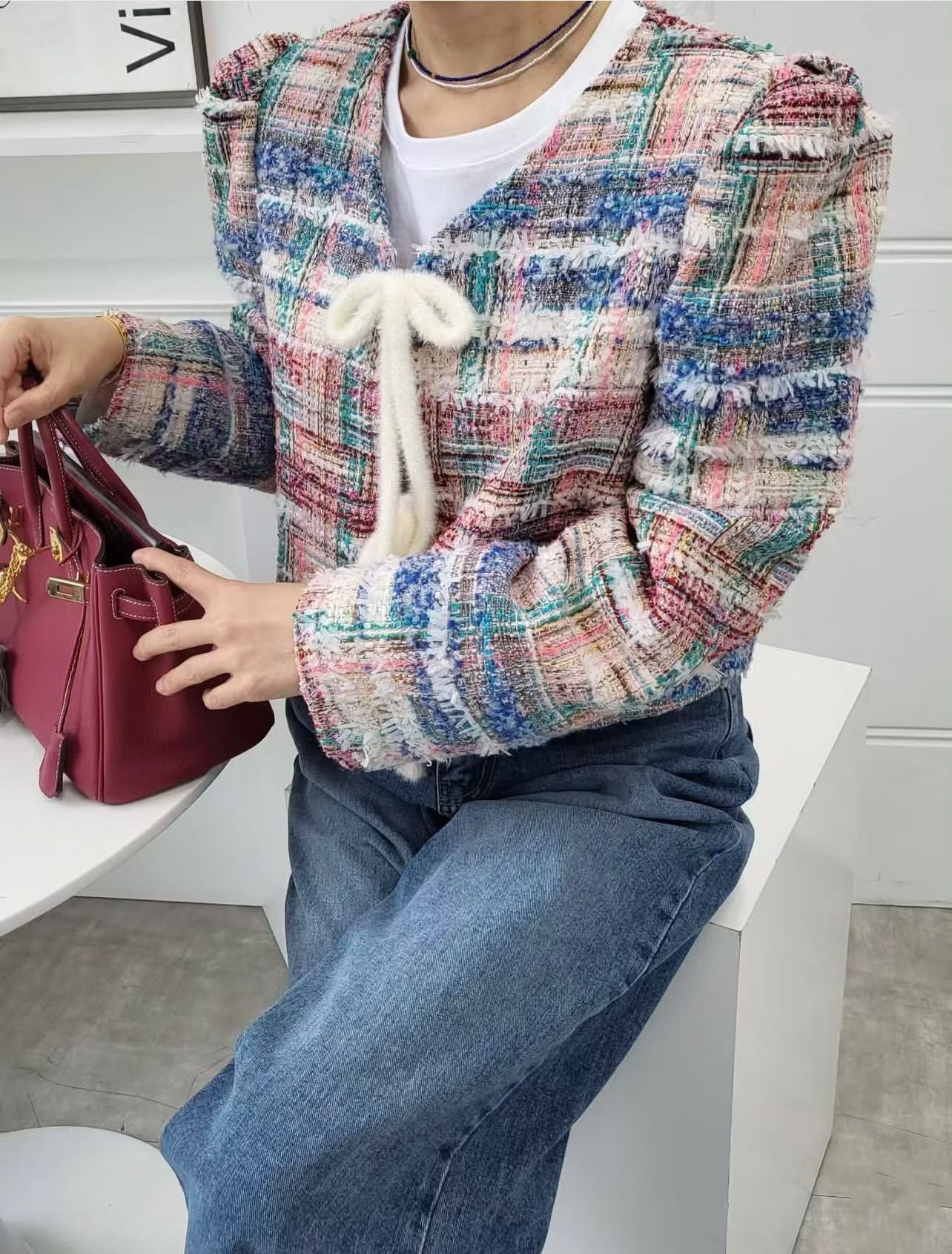 Ladies Colorful Tweed Puff Sleeve Lace-Up Cropped Jacket
