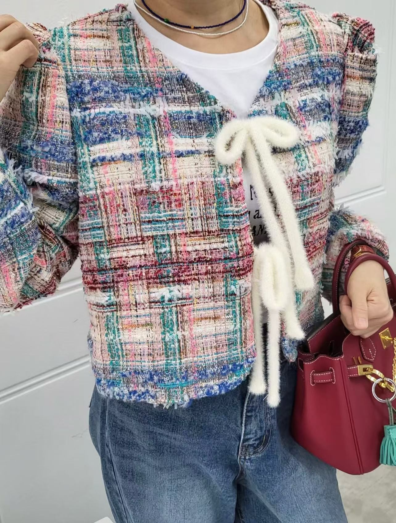 Ladies Colorful Tweed Puff Sleeve Lace-Up Cropped Jacket