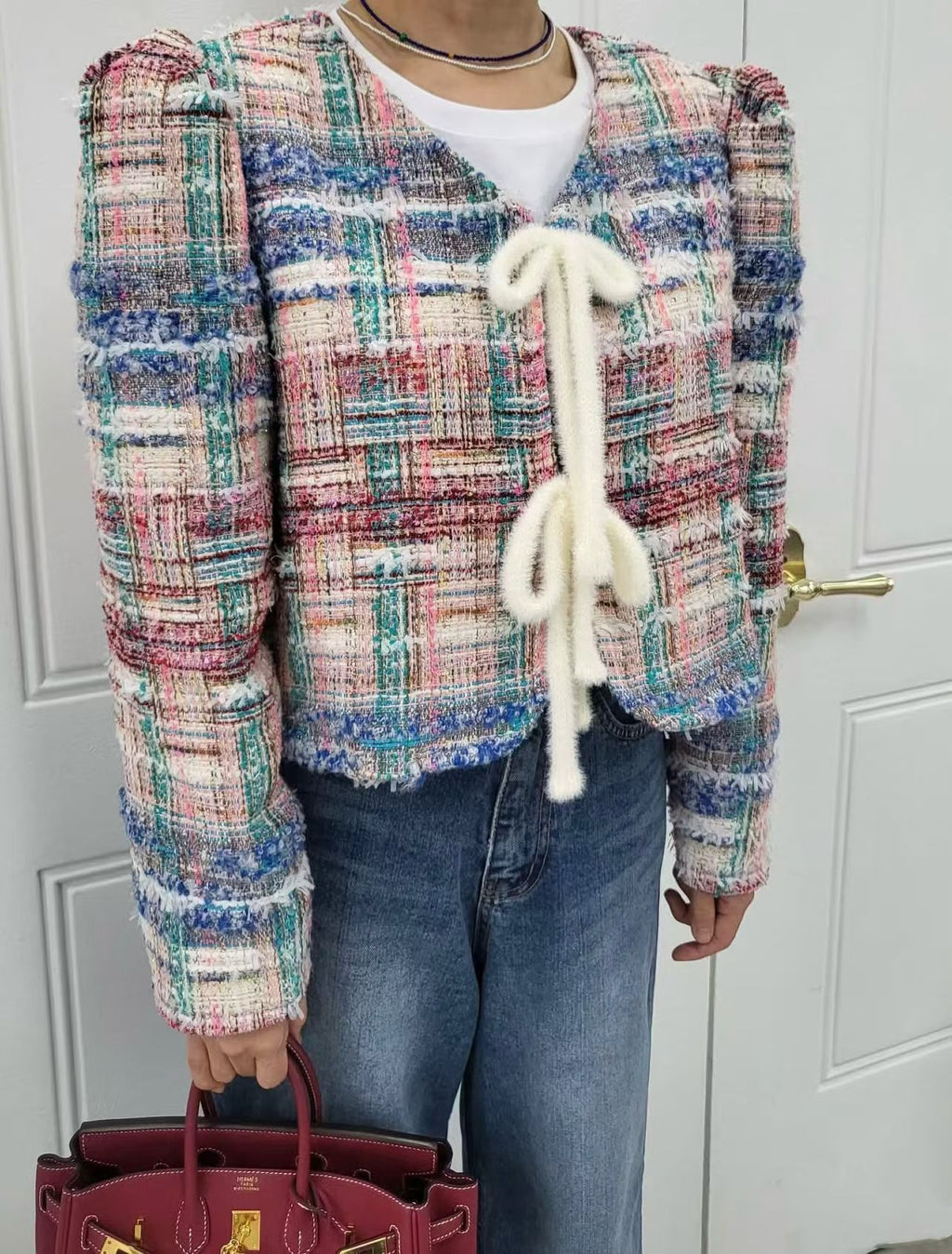 Ladies Colorful Tweed Puff Sleeve Lace-Up Cropped Jacket