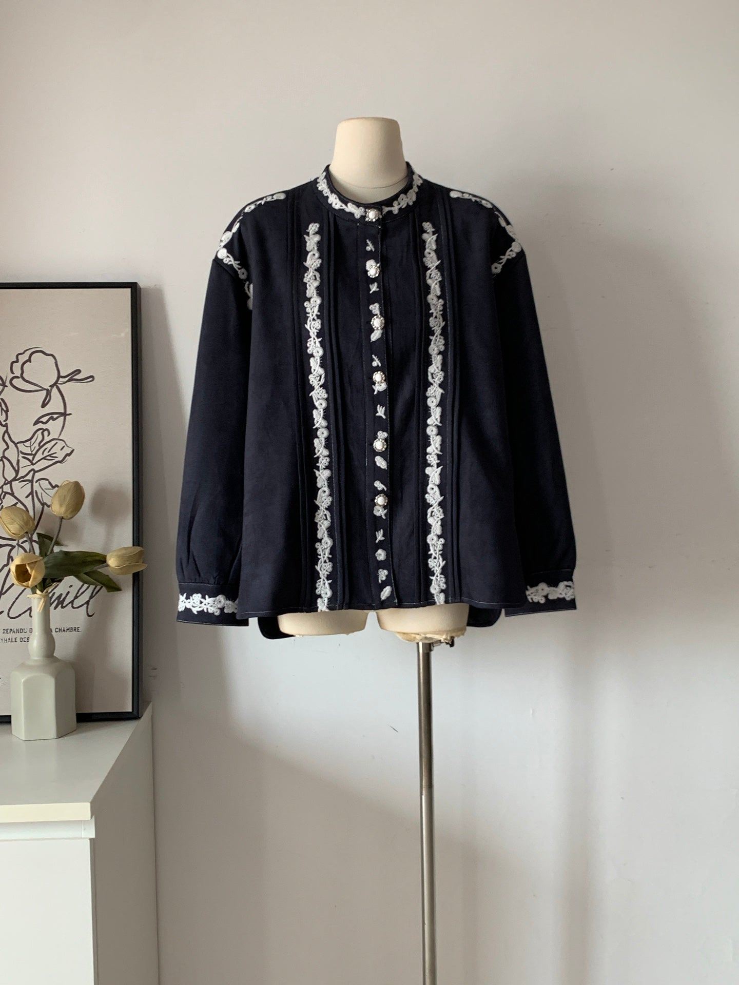 Ladies Navy Suede Embroidered Stand-Collar Shirt Jacket