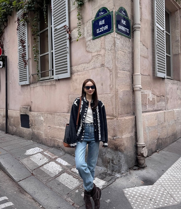 Ladies Navy Suede Embroidered Stand-Collar Shirt Jacket