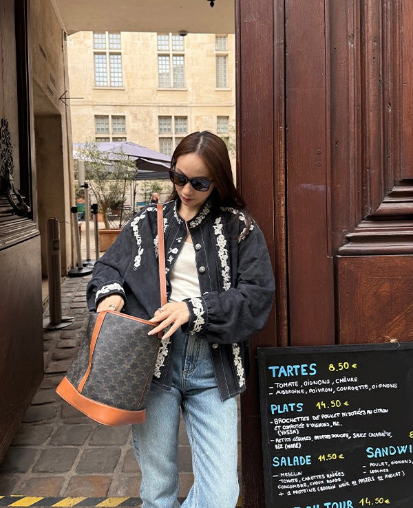 Ladies Navy Suede Embroidered Stand-Collar Shirt Jacket