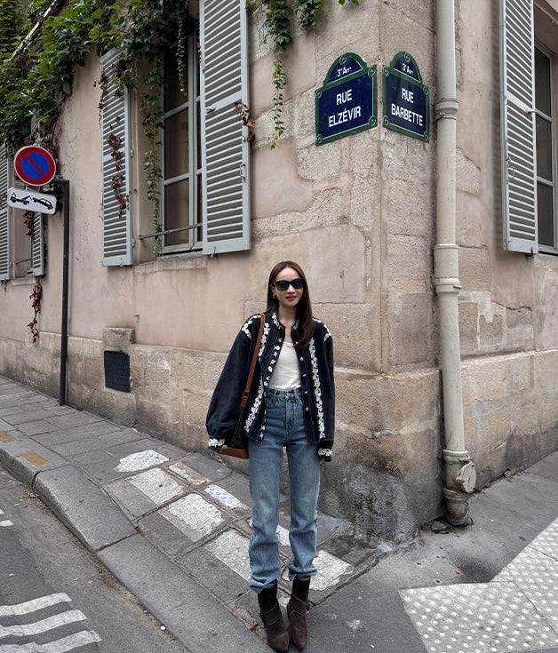 Ladies Navy Suede Embroidered Stand-Collar Shirt Jacket