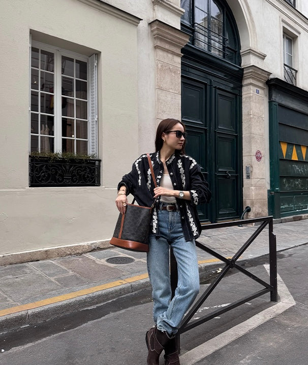 Ladies Navy Suede Embroidered Stand-Collar Shirt Jacket