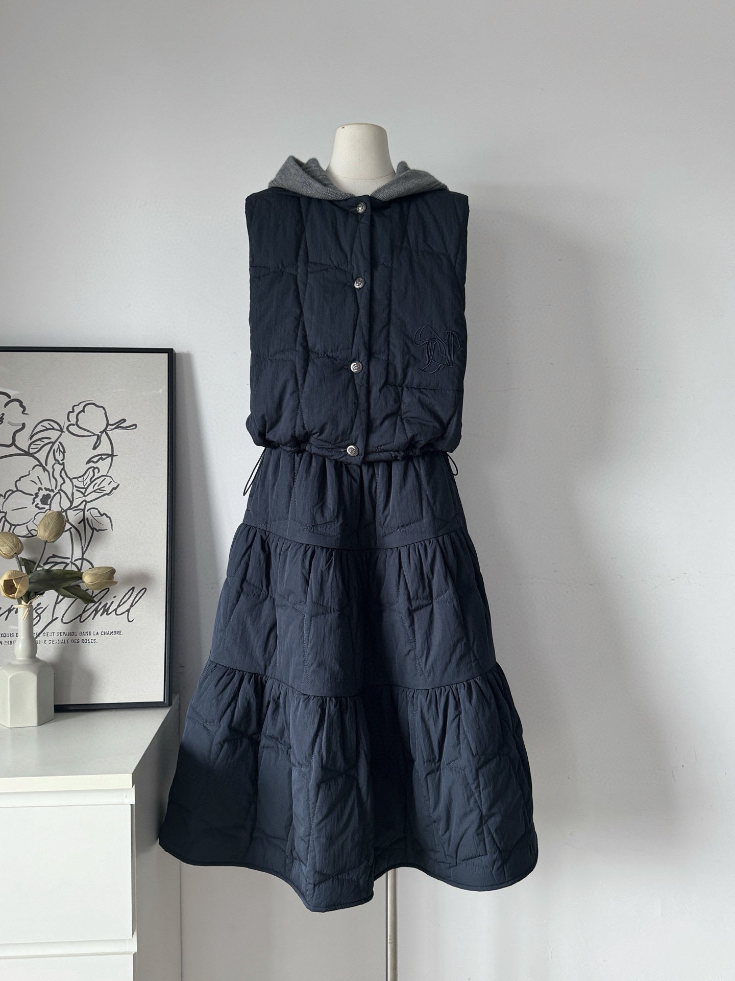 Ladies Navy Quilted Hooded Vest & Tiered Maxi Skirt Set