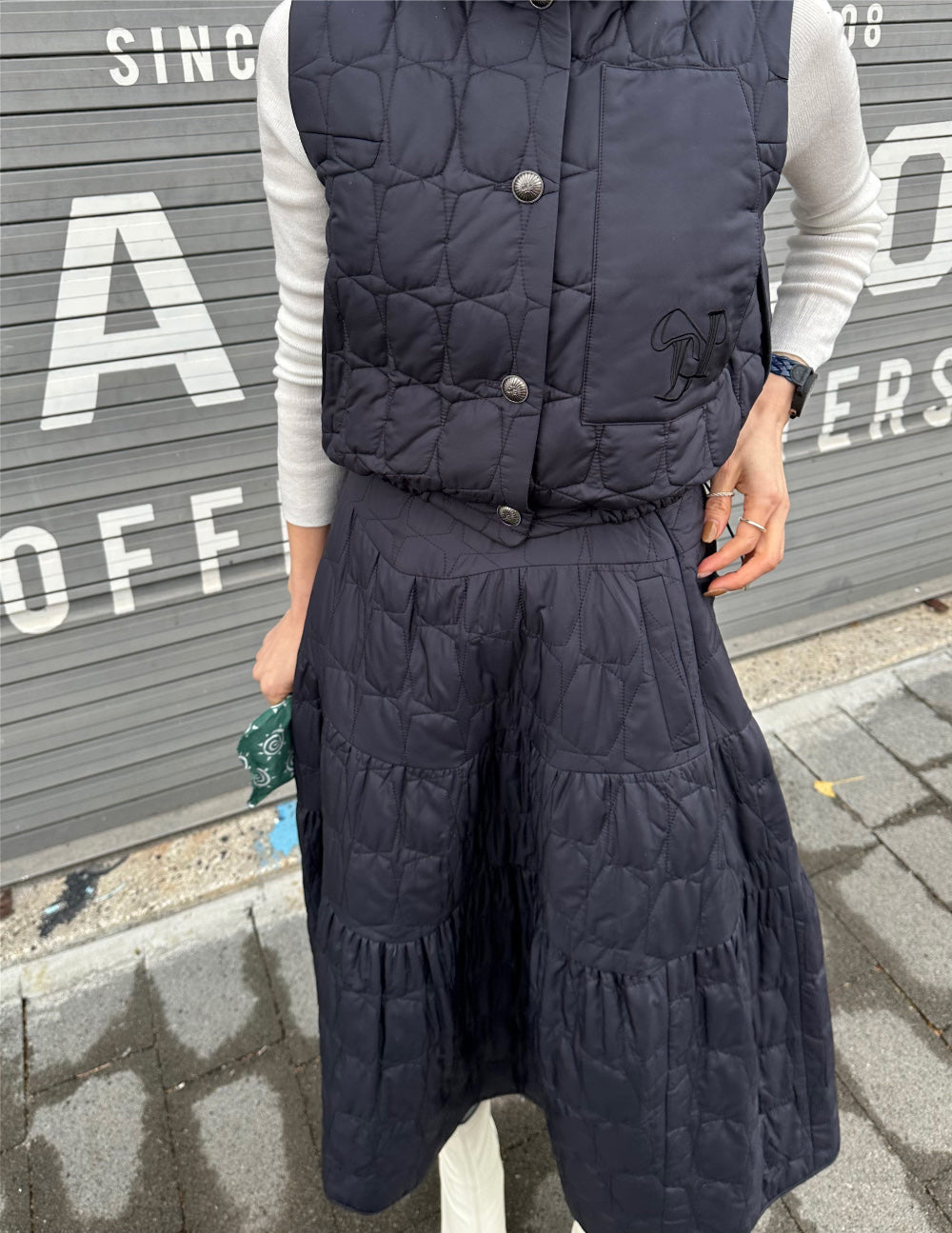 Ladies Navy Quilted Hooded Vest & Tiered Maxi Skirt Set