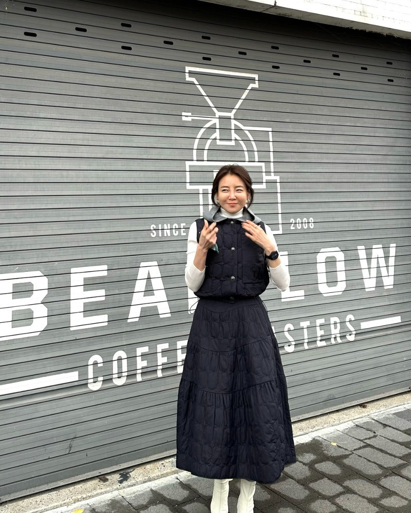 Ladies Navy Quilted Hooded Vest & Tiered Maxi Skirt Set