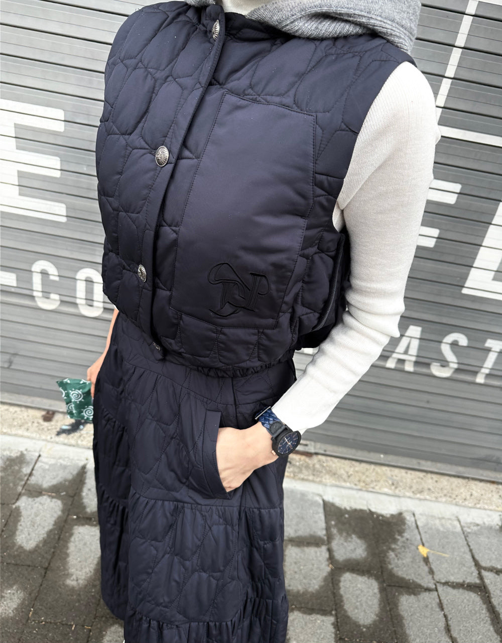 Ladies Navy Quilted Hooded Vest & Tiered Maxi Skirt Set