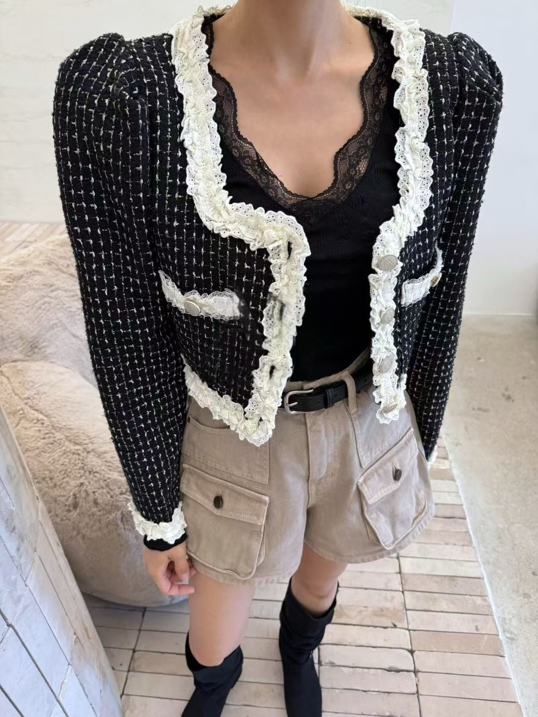 Ladies Lace Trim Tweed Cropped Jacket