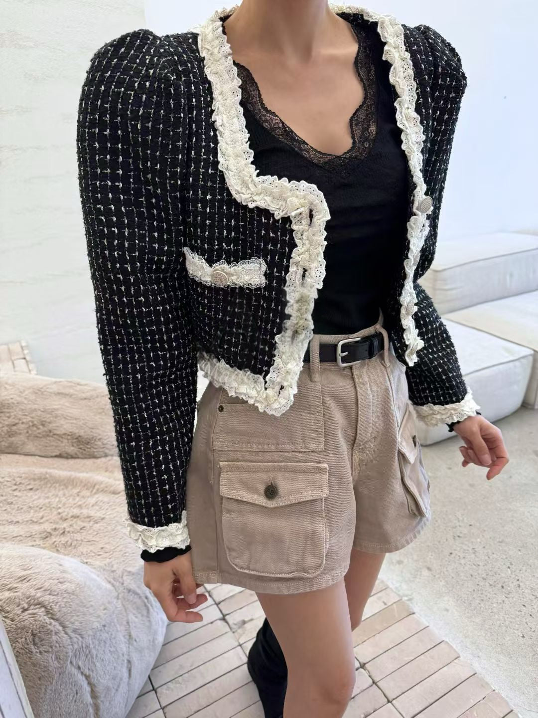 Ladies Lace Trim Tweed Cropped Jacket