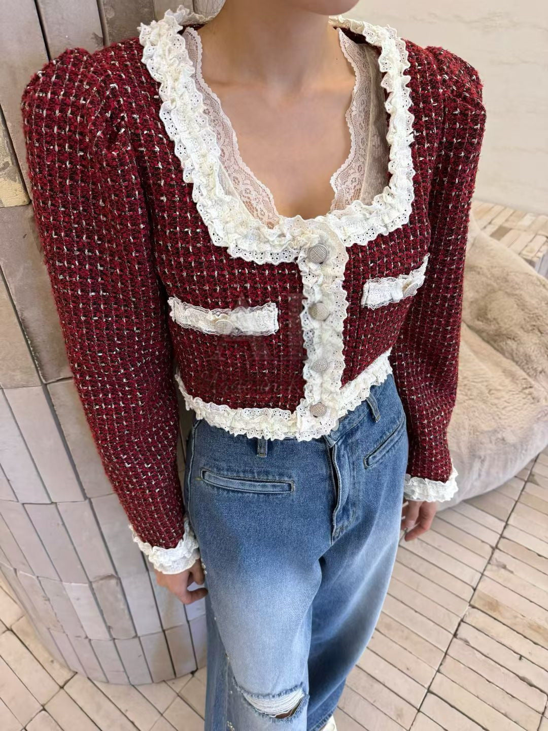 Ladies Lace Trim Tweed Cropped Jacket