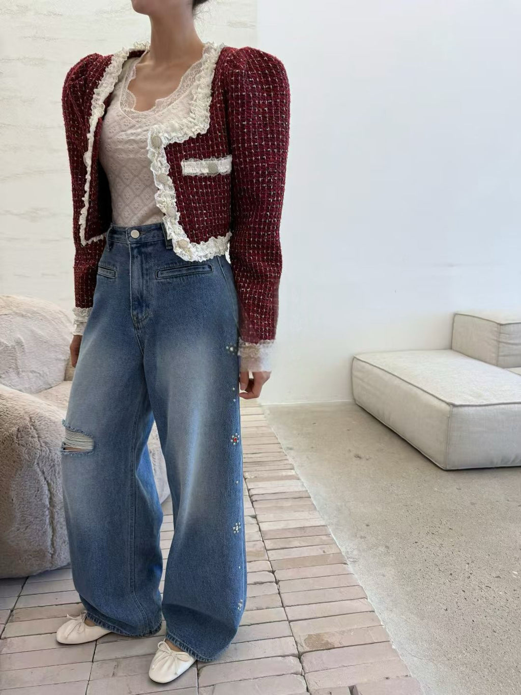 Ladies Lace Trim Tweed Cropped Jacket