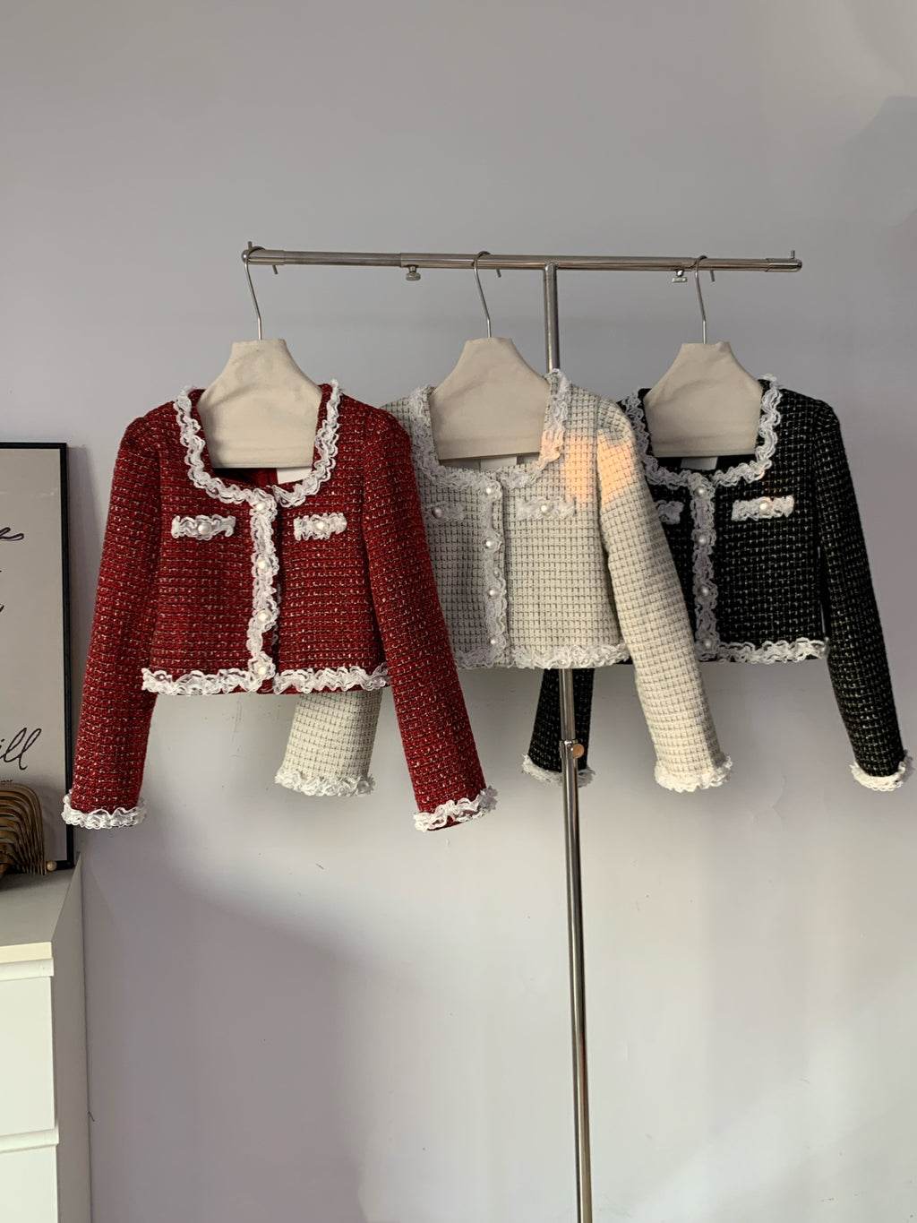 Ladies Lace Trim Tweed Cropped Jacket