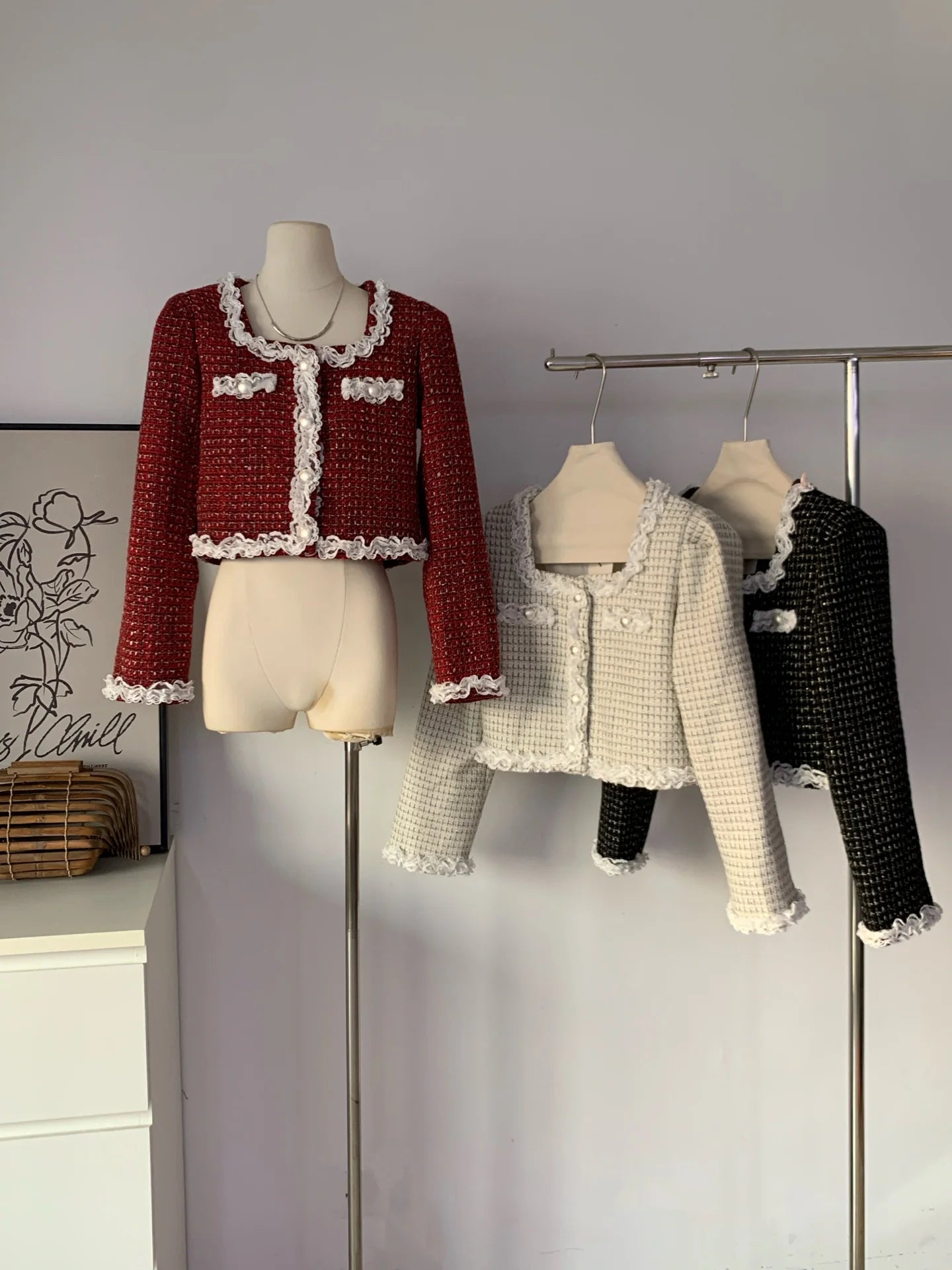 Ladies Lace Trim Tweed Cropped Jacket