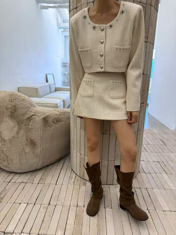 Ladies Pearl Studded Tweed Cropped Jacket & Mini Skirt Set