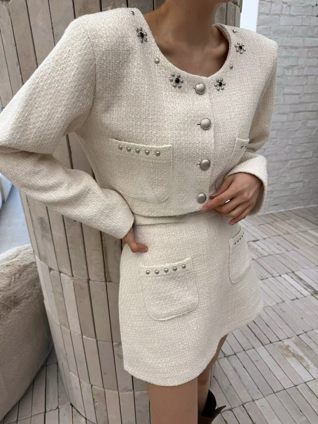 Ladies Pearl Studded Tweed Cropped Jacket & Mini Skirt Set