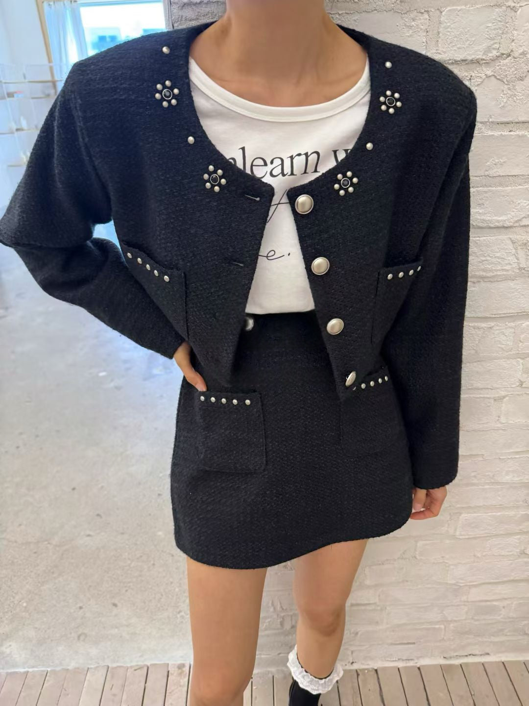 Ladies Pearl Studded Tweed Cropped Jacket & Mini Skirt Set