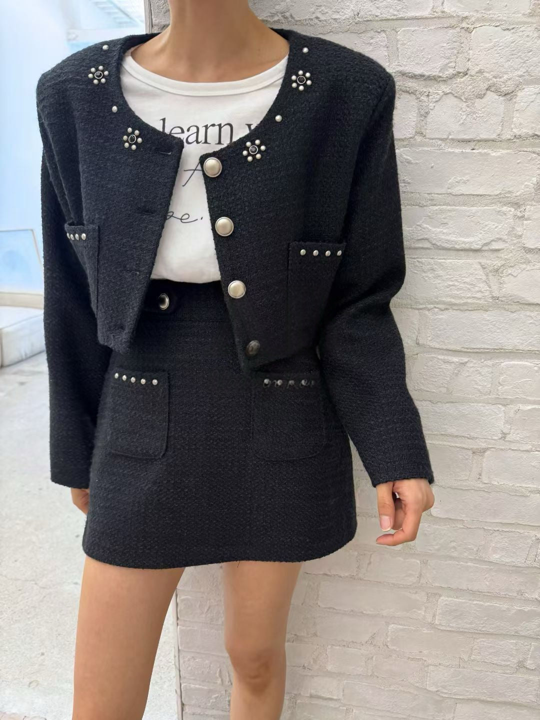 Ladies Pearl Studded Tweed Cropped Jacket & Mini Skirt Set