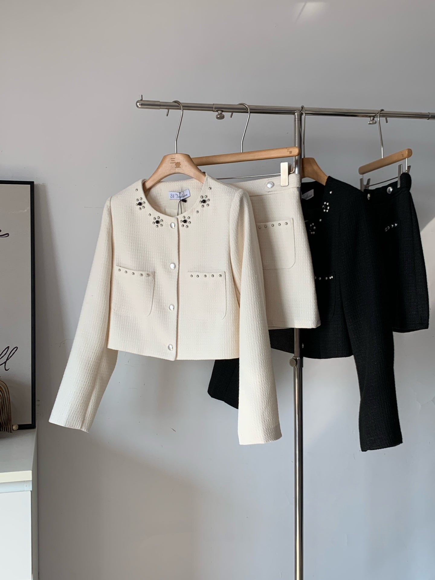 Ladies Pearl Studded Tweed Cropped Jacket & Mini Skirt Set