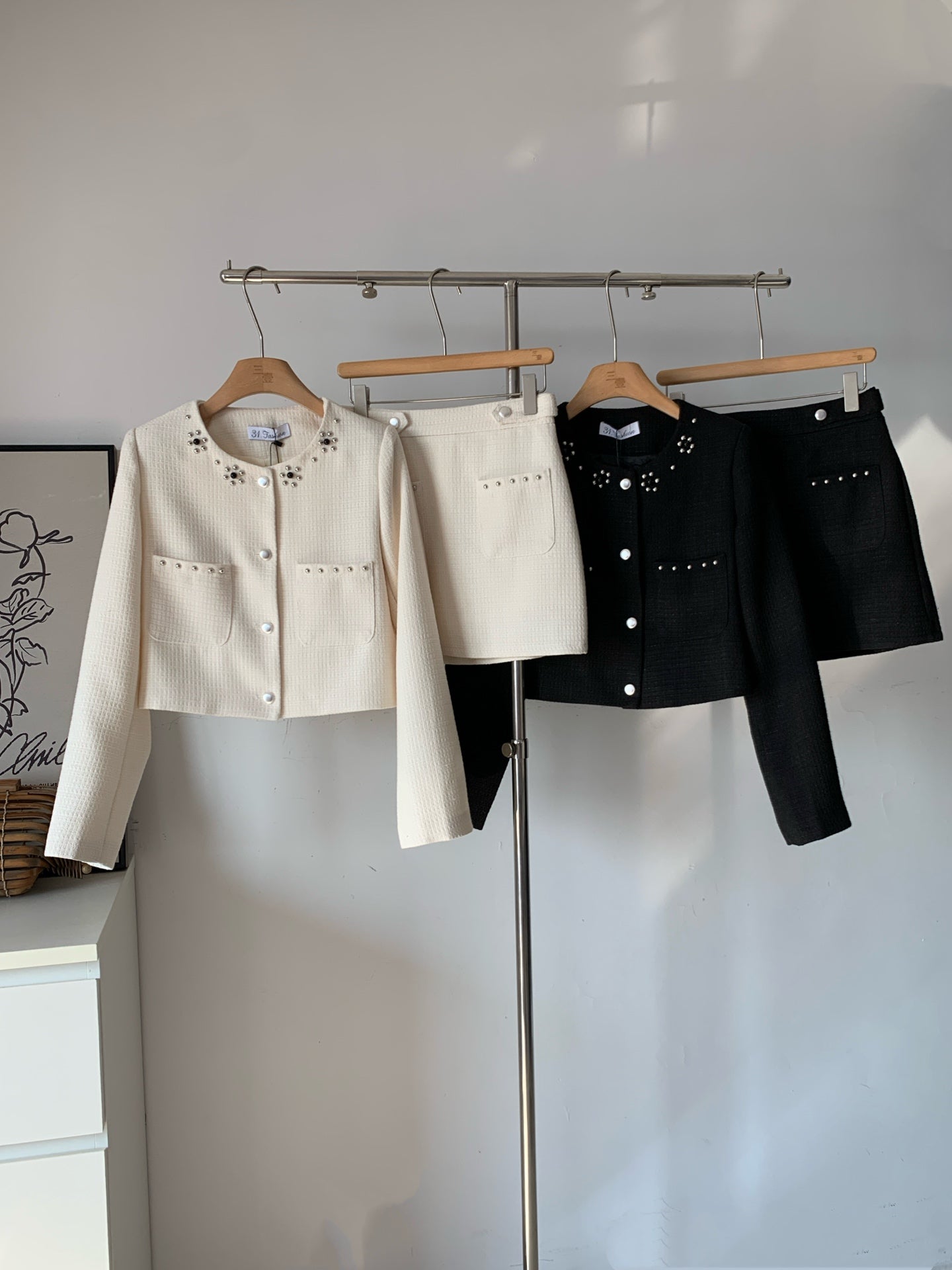 Ladies Pearl Studded Tweed Cropped Jacket & Mini Skirt Set